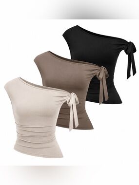SHEIN One-Shoulder Tie Crop Top in Black, Taupe, and Cream